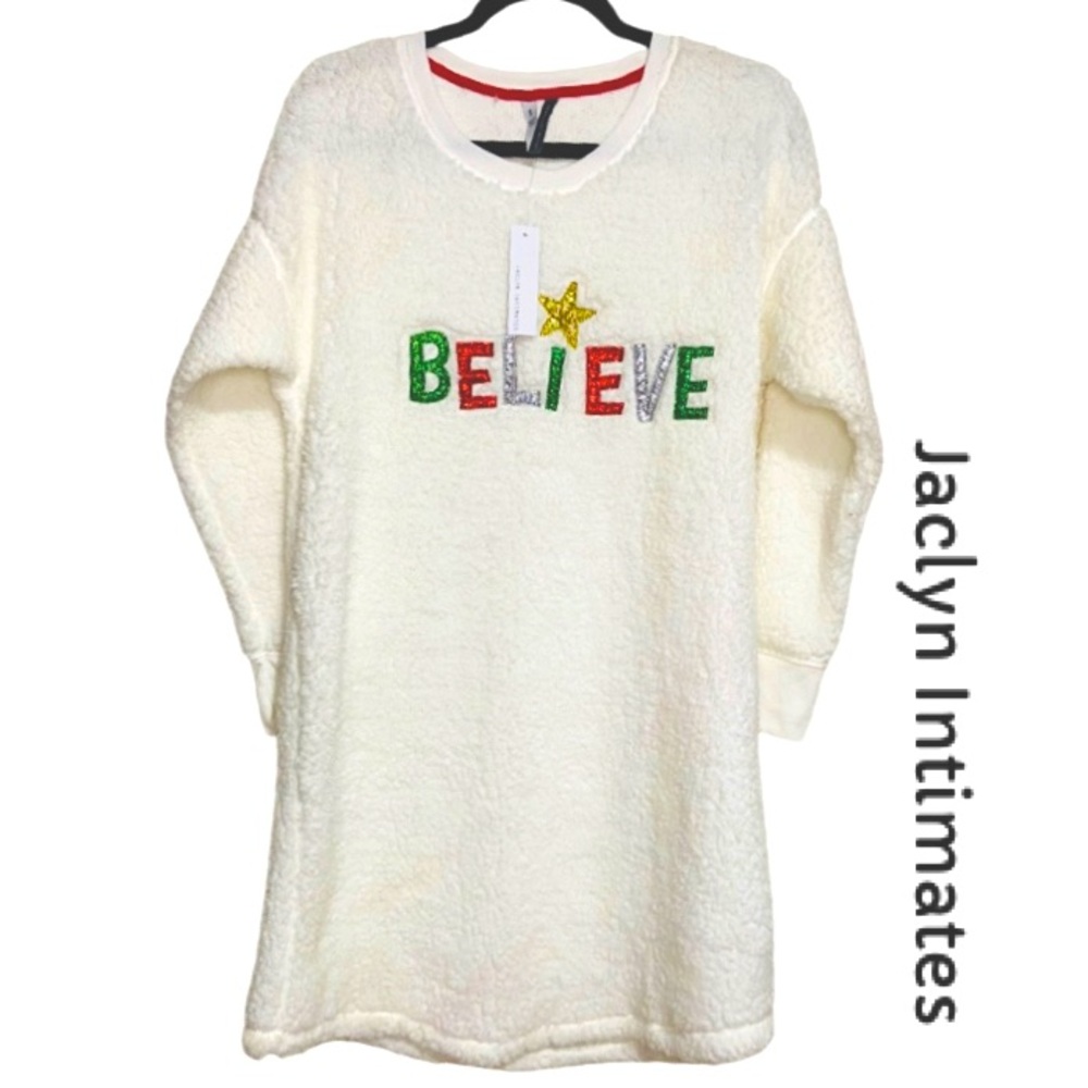 JACKYN INTIMATES Believe Christmas Nightgown In Cozy Fluffy White Fleece Size S